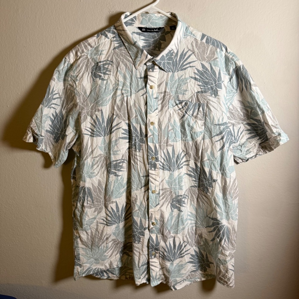 TravisMathew Mens XXL Short Sleeve Button Down Agave Print Shirt Blue White Grey